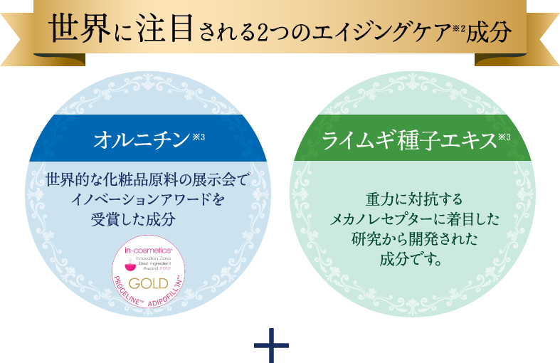 世界に注目される2つのエイジングケア※2成分 オルニチン※3 世界的な化粧品原料の展示会でイノベーションアワードを受賞した特許成分 ライムギ種子エキス※3 重力に対抗するメカノレセプターに着目した研究から開発された成分です。